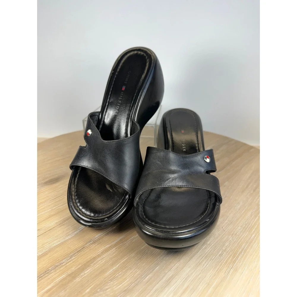 Tommy Hilfiger Women 8.5 Wedge Slide Sandals Black Leather Platform Y2K 90s Chic